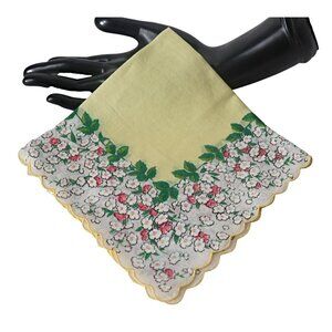 Handkerchief Hanky Hankie Vintage Pale Yellow with Floral Border